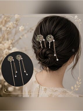 Floral Pearl Tassel Hair Sticks Green